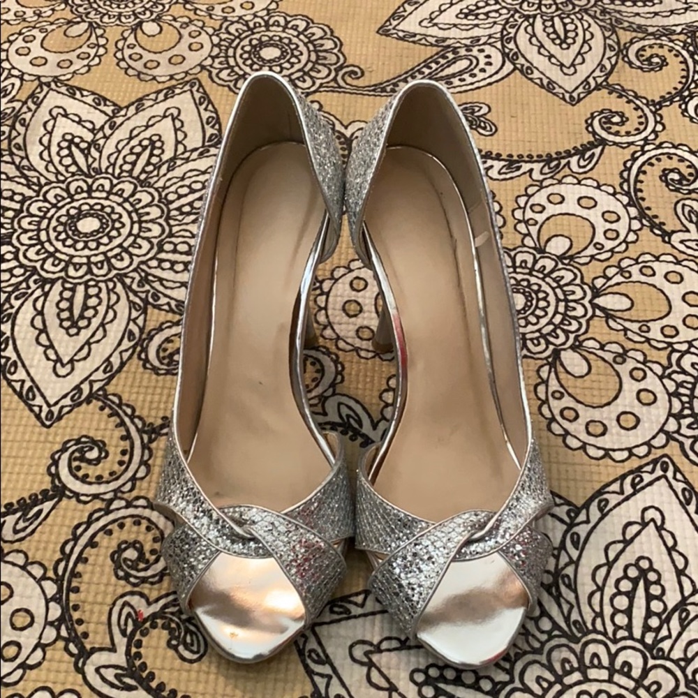 Silver glitter peep toe heels